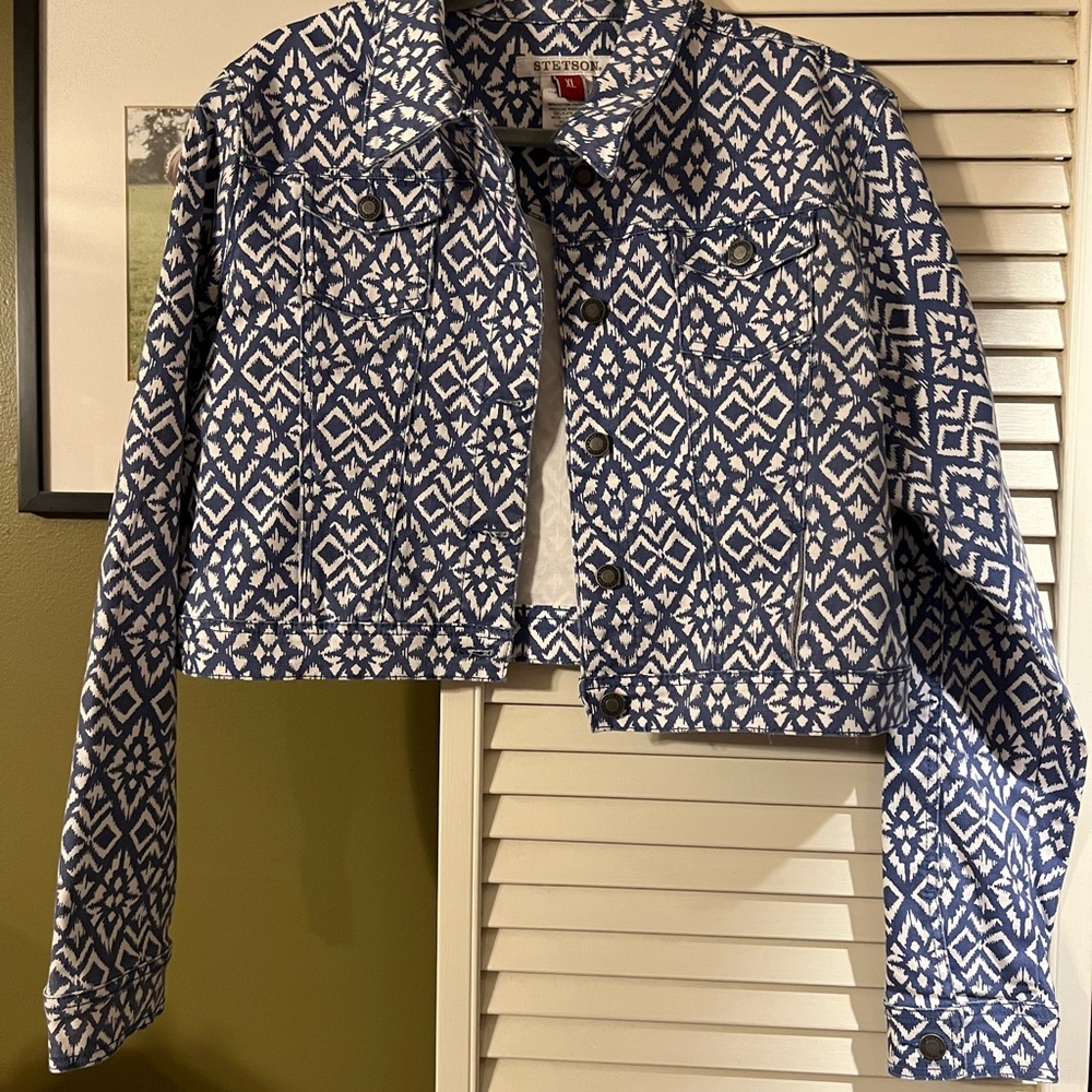 STETSON Blue and White Cropped Aztec Denim Jacket